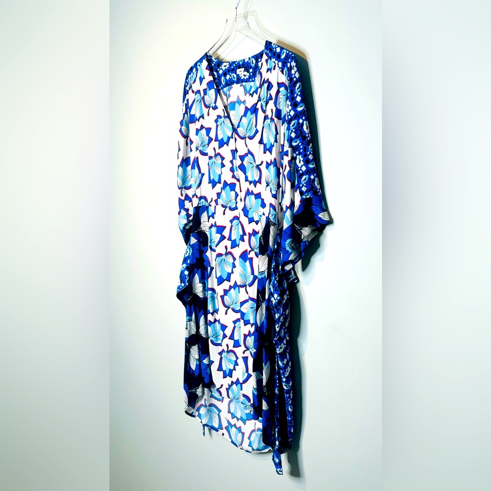 Warm Leaf Kimono Printed Midi Waist Tie Blue White Dress Size 0 - Picture 6 of 16